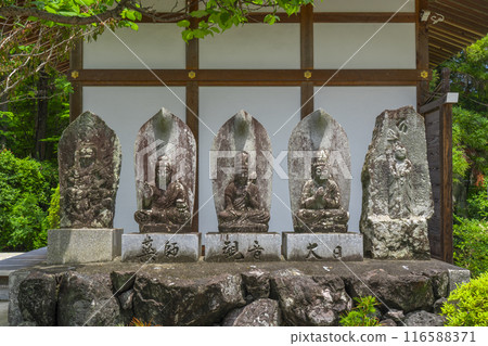 Kumedera Temple: Five stone Buddha statues enshrined next to the Amida Hall 116588371