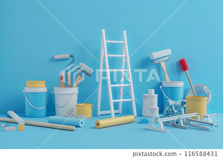 A 3D rendering of professional painting supplies and tools, including rollers, brushes, paint buckets, and a folding ladder, all set against a light blue background. 116588431