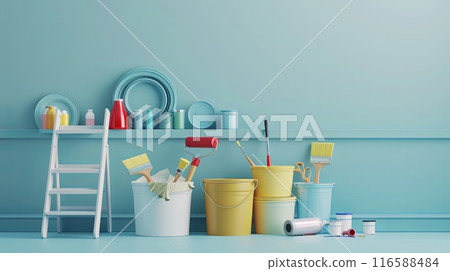 An image featuring a collection of painting tools and supplies against a light blue background. The image includes paint buckets, paint rollers, brushes, and a step ladder. 116588484