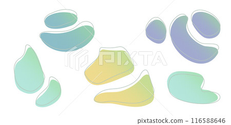 Yellow green liquid halftone drops water shapes set, splashes collection. Paint spot, blot, rain puddle, oil blobs Irregular abstract graphic design elements Transparent background Vector illustration 116588646