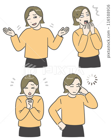一組身著休閒服的年輕女子（上半身）的各種表情和姿勢照片 116588916
