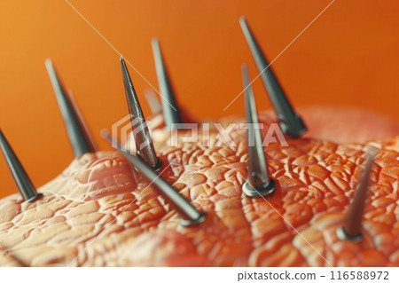 A close up of a creature with many sharp, pointed spikes with Generative AI 116588972