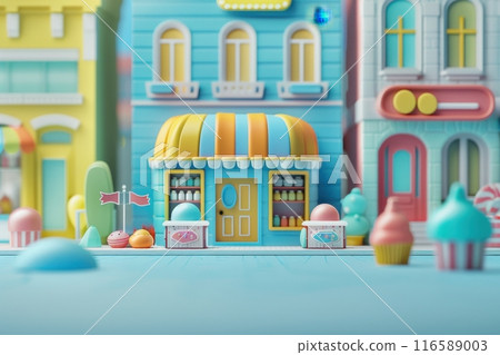 A cartoon city street with a blue store front with a yellow awning with Generative AI A cartoon city street with a blue store front with a yellow awning with Generative AI 116589003