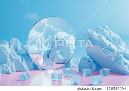 A reflection of a storm in a mirror with ice and rocks with Generative AI 116589004