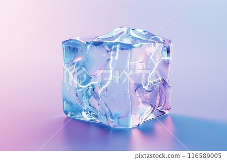 A cube of ice with a blue hue and a purple background with Generative AI 116589005