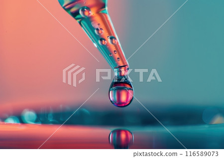 droplet of liquid is falling from a glass tube into a blue body of water with Generative AI droplet of liquid is falling from a glass tube into a blue body of water with Generative AI 116589073
