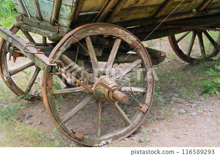 Retro wooden cart. Village vehicle in nature background. Retro wooden cart. Village vehicle in nature background. 116589293