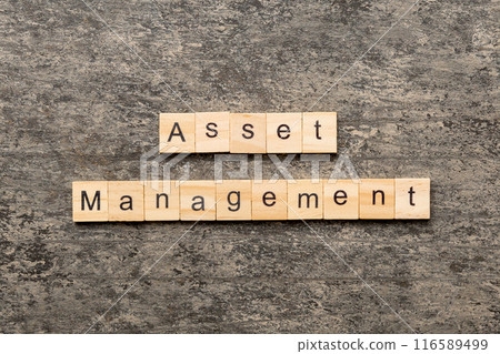 Asset Management word written on wood block. Asset Management text on table, concept 116589499