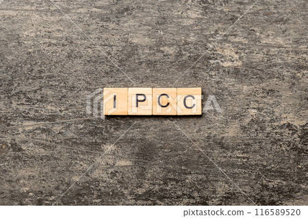 IPCC word written on wood block. abbreviation Intergovernmental Panel on Climate Change text on cement table for your desing, concept IPCC word written on wood block. abbreviation Intergovernmental Panel on Climate Change text on cement table for your desing, concept 116589520
