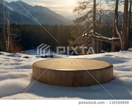 Minimalist empty product podium in serene snowy forest and mountain setting ai 116589808