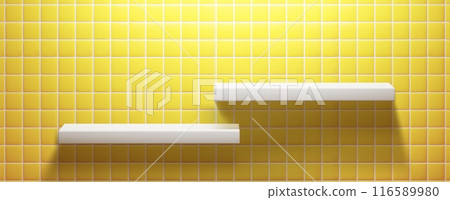 3d yellow kitchen shelf on tile wall background 116589980