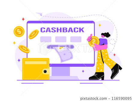 Cashback Vector Illustration with Financial Payment to Money Cashback Service for a Buyer on a Flat Cartoon Style Background 116590095