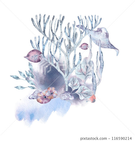 Underwater world monochrome with coral, fish, and sea plants on watercolor stains isolated . Marine arrangement with ray fish and seaweeds in dusty blue and pink tones hand drawn. Summer beach design 116590214