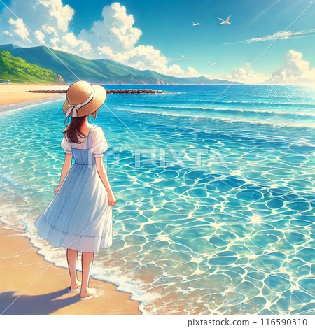 A straw hat girl looks at the beautiful summer beach 116590310