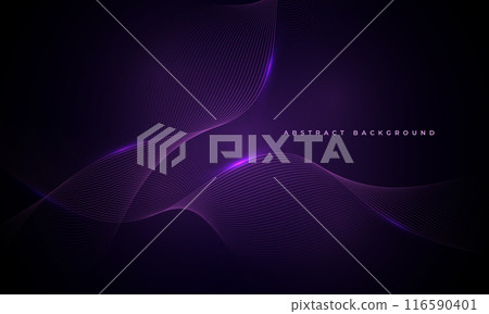 Dark purple abstract background with glowing blue wavy lines 116590401