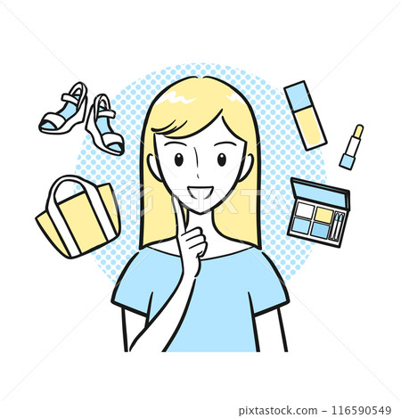Illustration of a young woman enjoying shopping (simple with background) 116590549
