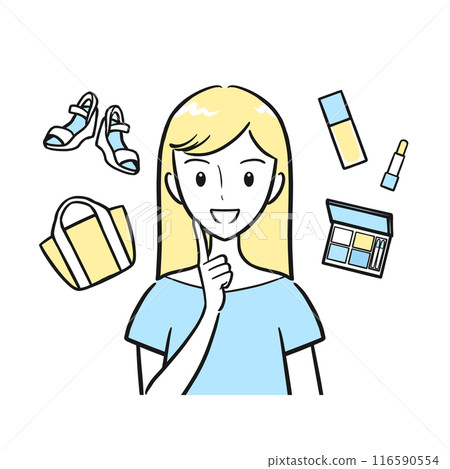 Illustration of a young woman enjoying shopping (simple, no background) 116590554