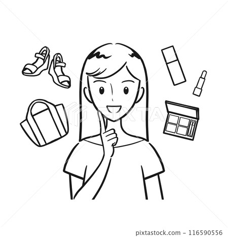 Illustration of a young woman enjoying shopping (line drawing) Illustration of a young woman enjoying shopping (line drawing) 116590556