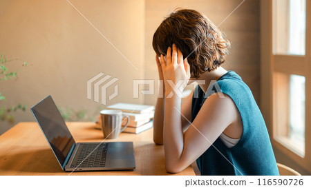 A worried Japanese woman holding her head while using a computer A worried Japanese woman holding her head while using a computer 116590726