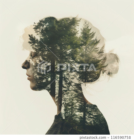 Double exposure, human profile and forest. 116590758