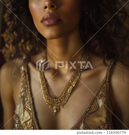 goddesses in gold with a deep neckline and a large necklace. A close portrait , photo. 116590779