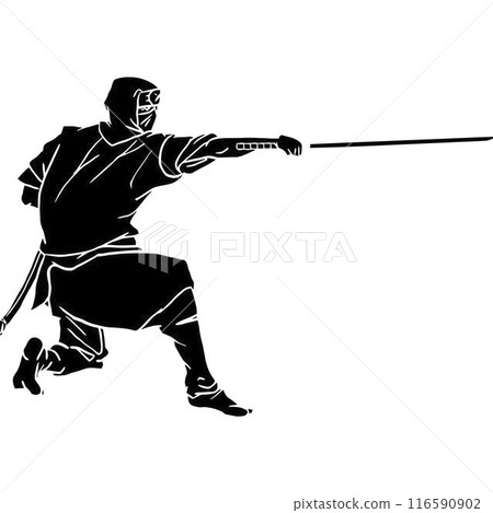 Ninjutsu fighter. Ninja, Japanese wrestler. Japan martial art. Asian warrior in mask, wrestling pose, stance, defending position, posture. vector illustration isolated on white background 116590902
