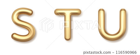 Gold 3d balloons font S T U vector icons. Yellow precious letter with shiny highlights and luxurious style. 116590966