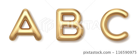 Gold a b c 3d alloons letters vector icons. Precious yellow metal font with shiny highlights and luxurious style. 116590975
