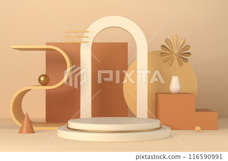 Boho interior minimal scene with podium and geometric forms 3d vector illustration Boho interior minimal scene with podium and geometric forms 3d vector illustration 116590991