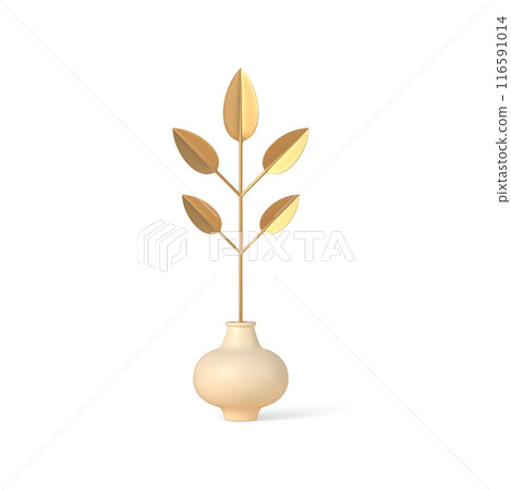 Golden twig 3d with leaves in pot vector template. Bright decor with metallic sheen for offices and home interiors. 116591014