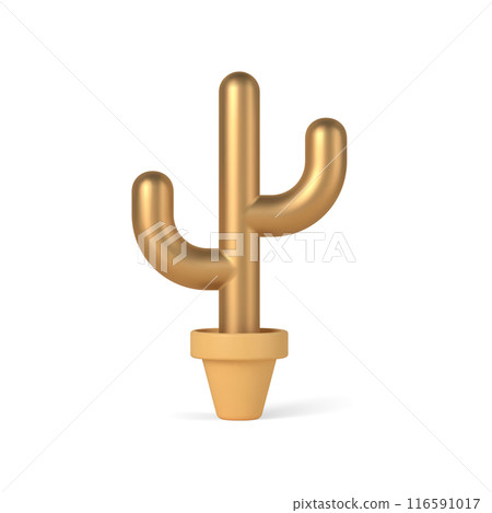 Gold 3d cactus in pot vector template. Decorative metal decoration succulent with expensive shine. 116591017
