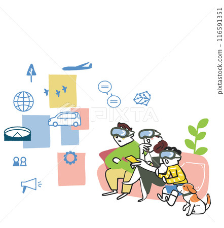 Family wearing headsets and enjoying the virtual reality world Stock illustration 116591351