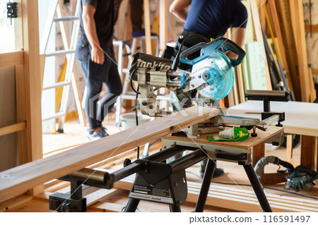 Interior framework of a new house foundation construction site 116591497