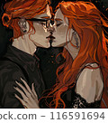 A long-haired girl with red hair, glasses and a black dress kisses her boyfriend, he has long red hair and fair skin. Black background 116591694