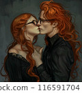 A long-haired girl with red hair, glasses and a black dress kisses her boyfriend, he has long red hair and fair skin. Black background 116591704