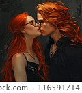 A long-haired girl with red hair, glasses and a black dress kisses her boyfriend, he has long red hair and fair skin. Black background 116591714