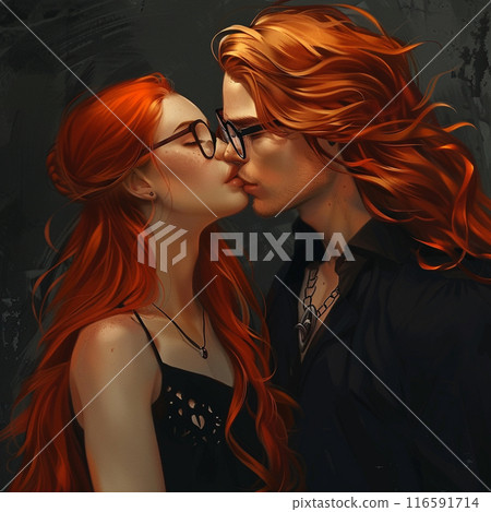 A long-haired girl with red hair, glasses and a black dress kisses her boyfriend, he has long red hair and fair skin. Black background 116591714