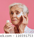 Beautiful gorgeous 50s mid aged mature woman looking at camera isolated on white. Mature old lady close up portrait. Healthy face skin care beauty, middle age skincare cosmetics, cosmetology concept 116591753