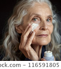 Beautiful gorgeous 50s mid aged mature woman looking at camera isolated on white. Mature old lady close up portrait. Healthy face skin care beauty, middle age skincare cosmetics, cosmetology concept 116591805