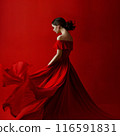 Woman in a red dress on a red background, monochrome. 116591831