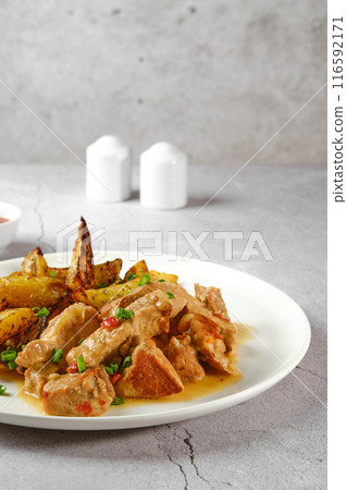 Closeup view of beef goulash with baked in oven potato wedges Closeup view of beef goulash with baked in oven potato wedges 116592171