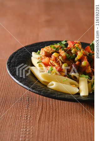 Close-up view of plate with beef stew with vegetables and spicy sauce with pasta Close-up view of plate with beef stew with vegetables and spicy sauce with pasta 116592201
