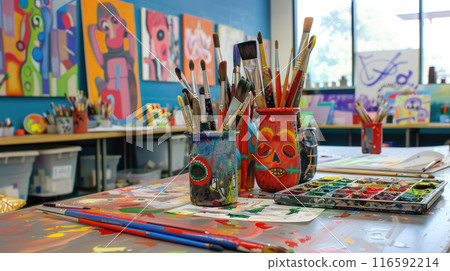 Art classroom with paint brushes, acrylic paints, drawing paper, sculpting tools, art pieces, murals, inspiration boards 116592214