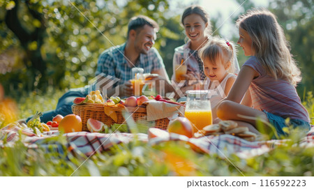 Happy family picnic in nature. Picnic blanket with sandwiches, fruits, juices. Parents smile, watch children play. Happy family picnic in nature. Picnic blanket with sandwiches, fruits, juices. Parents smile, watch children play. 116592223