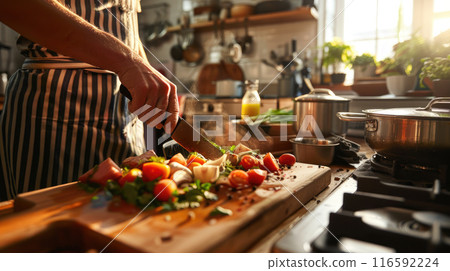 Cook chopping fresh vegetables on wooden board. Kitchen utensils visible in background. Cook chopping fresh vegetables on wooden board. Kitchen utensils visible in background. 116592224