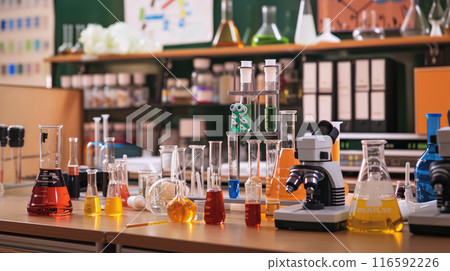 Science laboratory setup with test tubes, beakers, microscopes, chemical bottles, experiment materials Science laboratory setup with test tubes, beakers, microscopes, chemical bottles, experiment materials 116592226