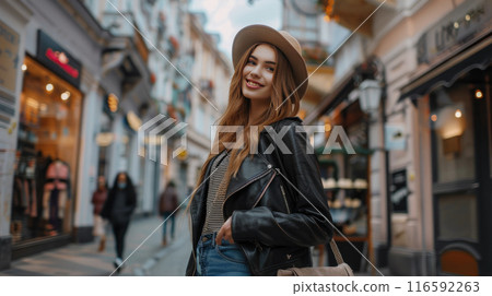 Stylish young woman in leather jacket, hat, jeans, boots, holding trendy bag on busy city street with shops, cafes. 116592263
