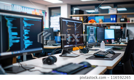Modern technology lab with computers, coding manuals, robotics kits, and organized desks. 116592265