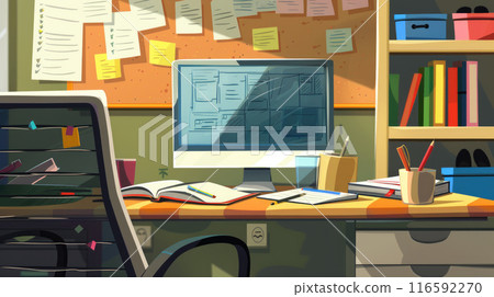 Study space with desk, chair, computer, notebooks, stationery and bookshelf Study space with desk, chair, computer, notebooks, stationery and bookshelf 116592270