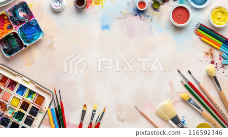 A flat lay of art supplies such as paint brushes, watercolor palettes, colored pencils, and sketchbooks. A flat lay of art supplies such as paint brushes, watercolor palettes, colored pencils, and sketchbooks. 116592346